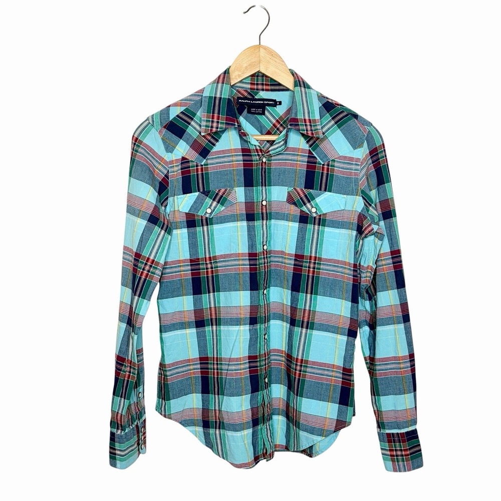 Ralph Lauren Sport Plaid Pearl Snap Western Shirt Womens 8 Cowgirl Rodeo Country